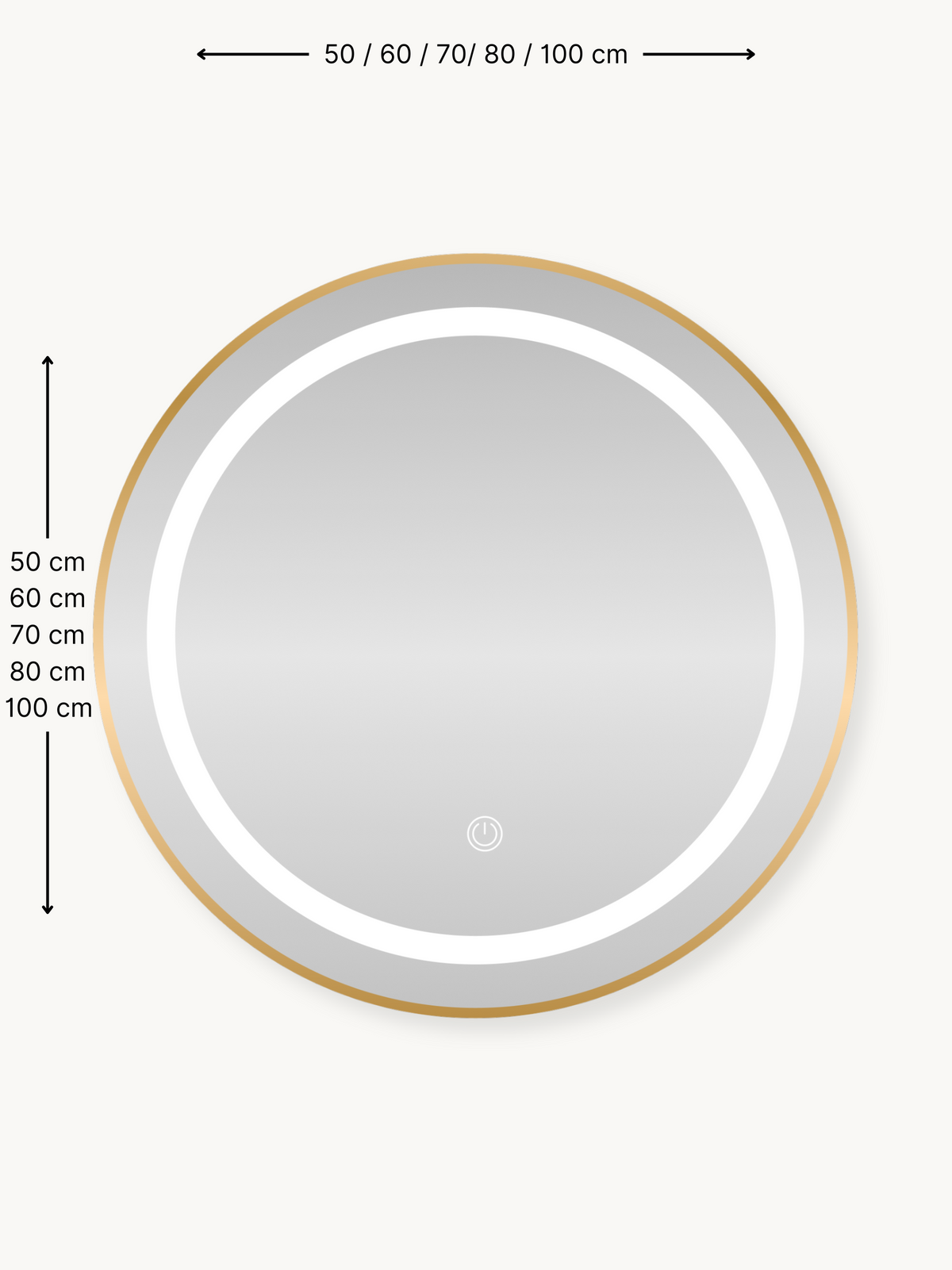 Round gold-framed LED bathroom mirror front view with size dimension annotations showing 50–100 cm diameter options