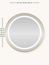 Round gold-framed LED bathroom mirror front view with size dimension annotations showing 50–100 cm diameter options