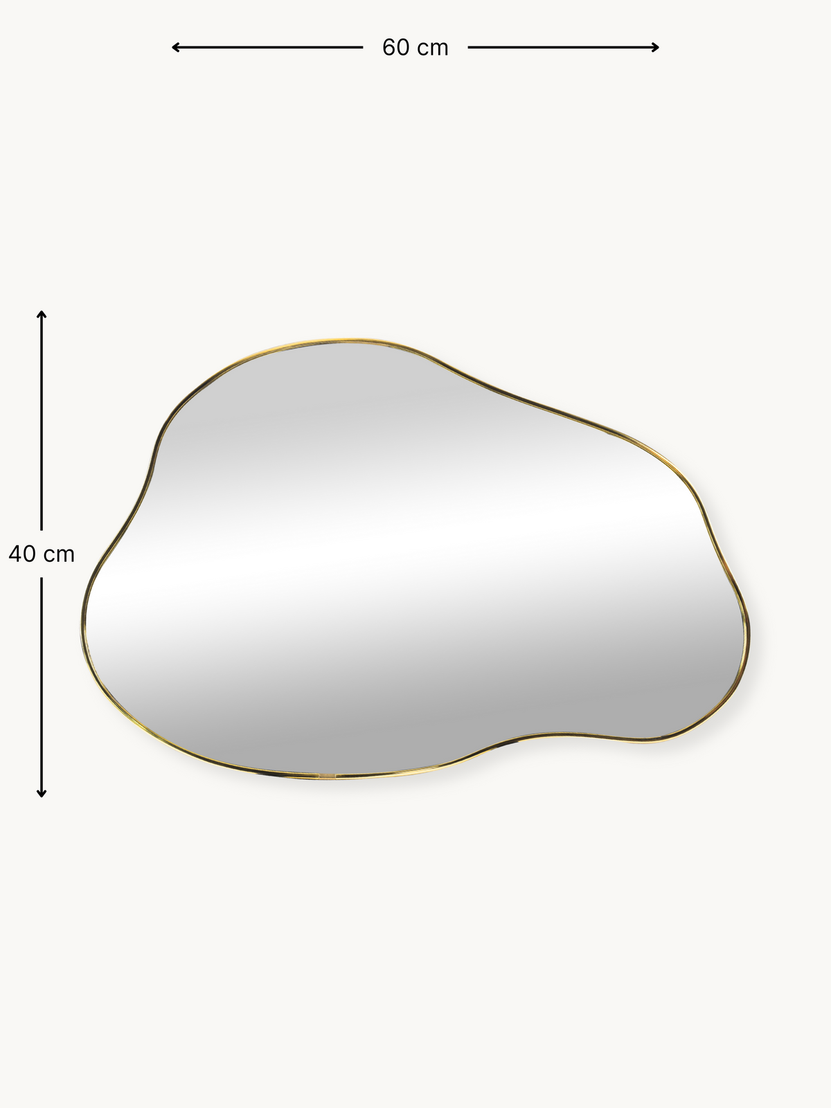 Organic-shaped wall mirror with gold PVC frame shown against neutral background with 60×40 cm dimension annotations