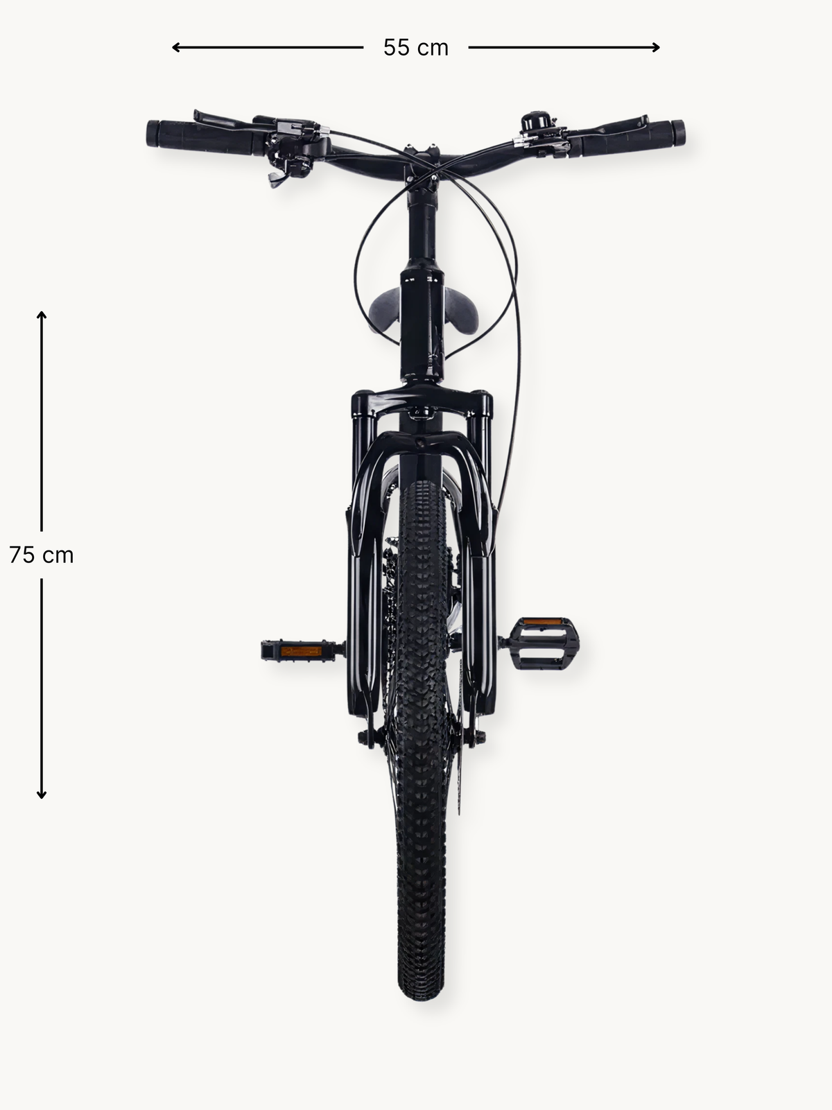 Black 20-inch kids' mountain bike viewed from above, showing 55 cm handlebar width and 75 cm frame length annotations