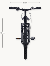 Black 20-inch kids' mountain bike viewed from above, showing 55 cm handlebar width and 75 cm frame length annotations