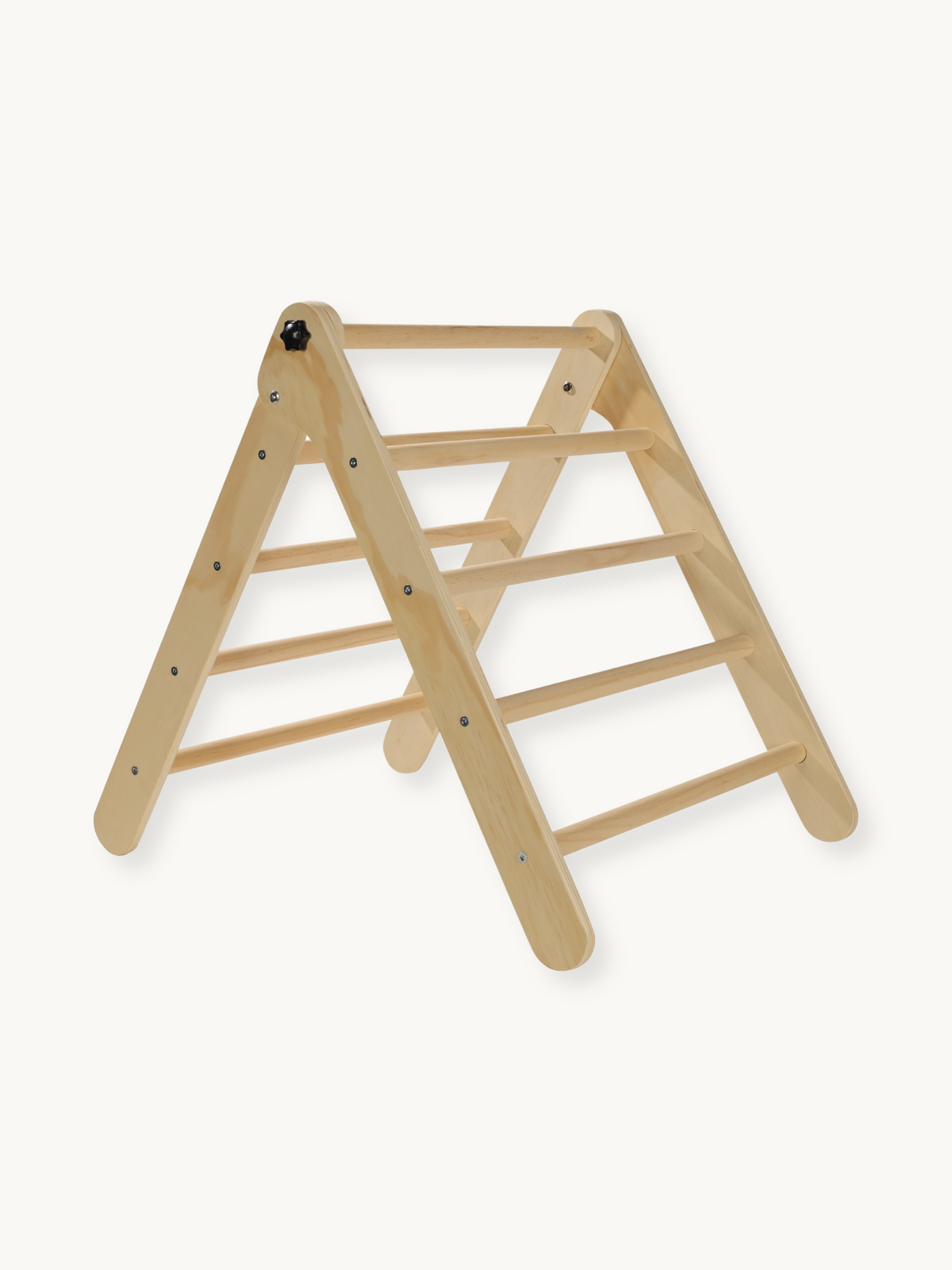 Natural wood Pikler climbing triangle with rungs on both sides and black adjustment knob at apex, angled product shot