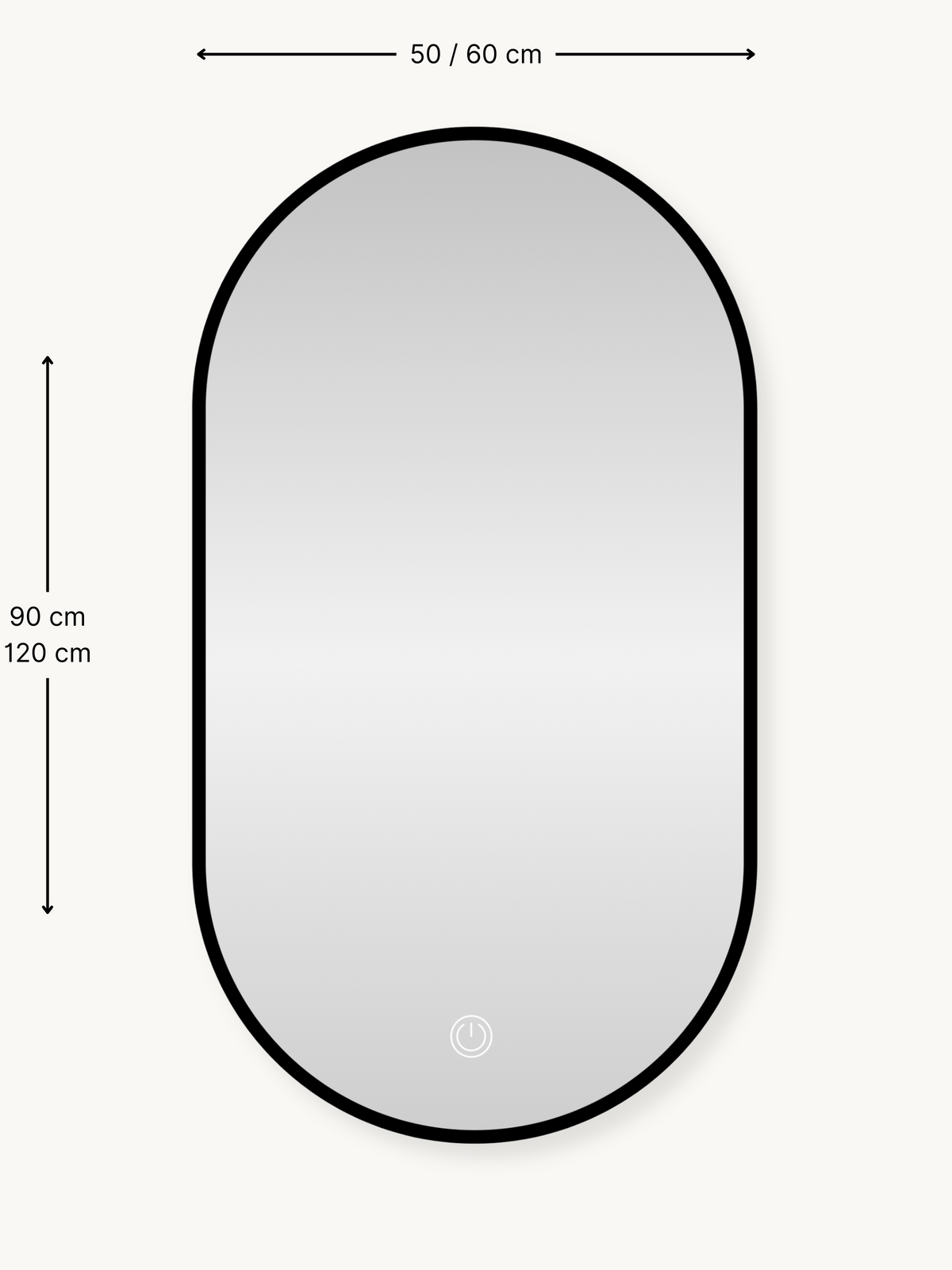 Dimension diagram of oval black-framed LED mirror showing 50/60 cm width and 90/120 cm height annotations on cream background