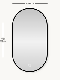 Dimension diagram of oval black-framed LED mirror showing 50/60 cm width and 90/120 cm height annotations on cream background