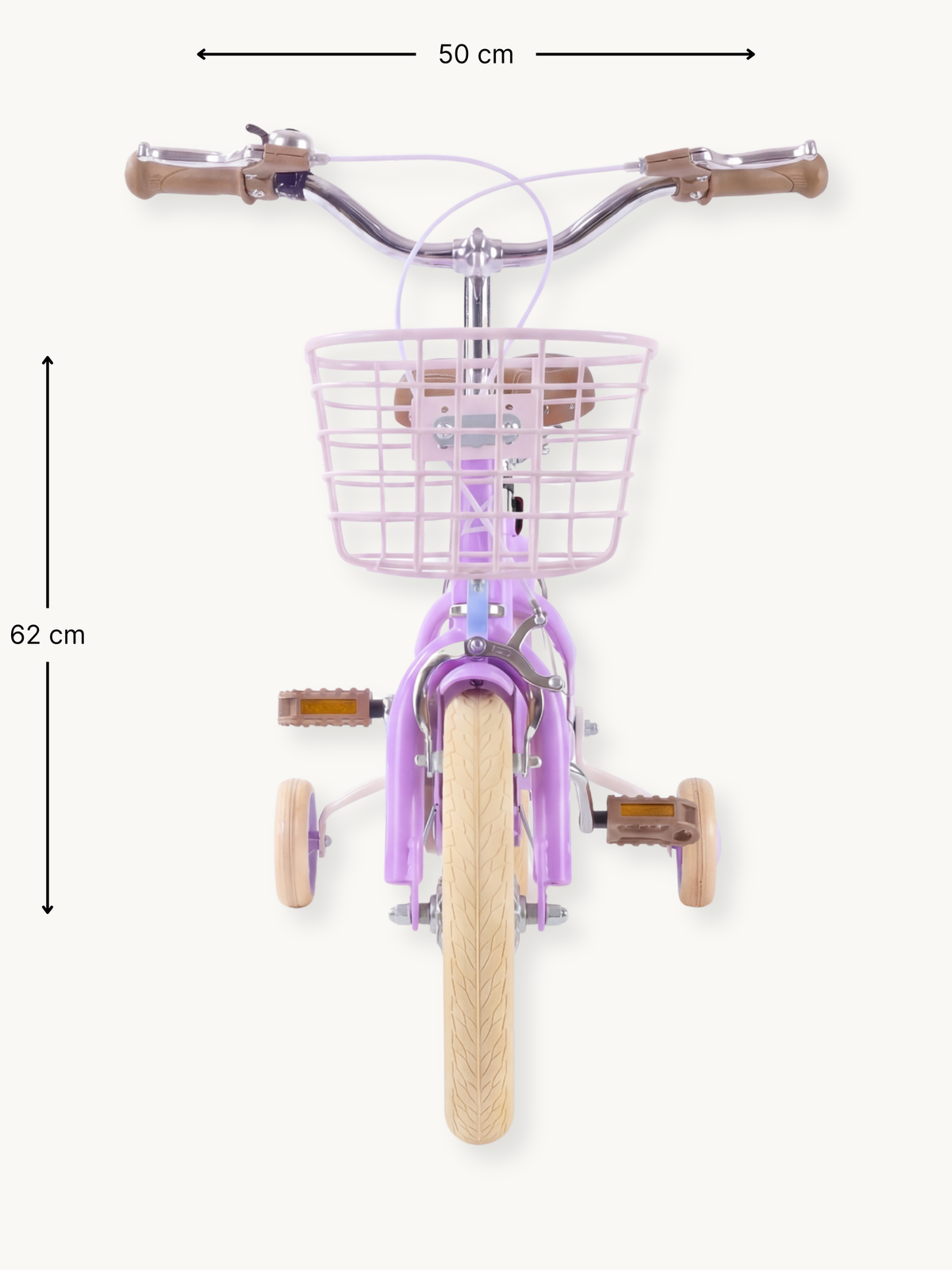 Front-view dimension diagram of purple Luna 12-inch girls' bike showing 50 cm width and 62 cm height annotations, with tra…