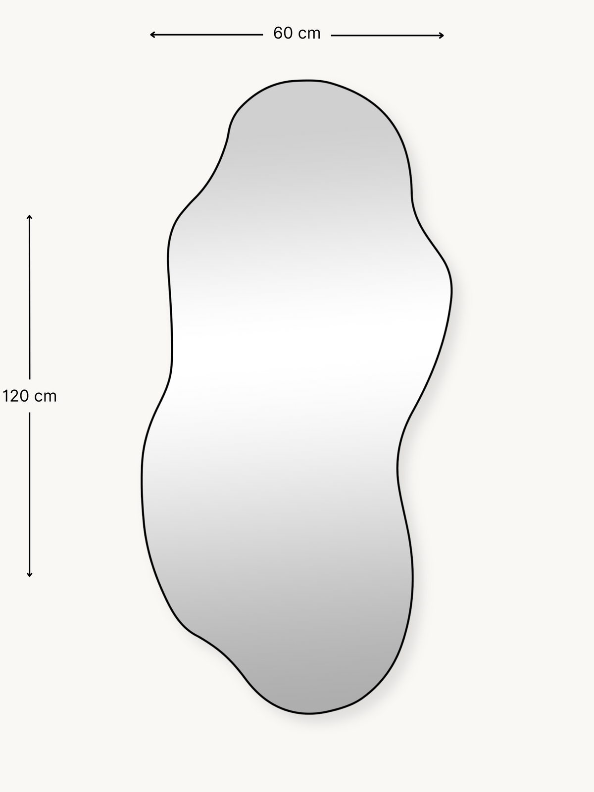 Dimension diagram of Luciano organic mirror showing 120 cm height and 60 cm width with measurement arrows