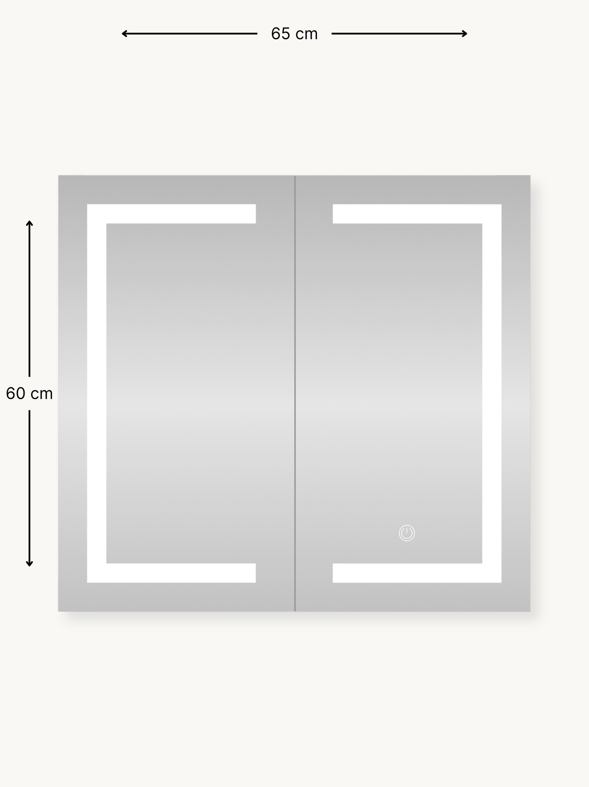 65×60 cm dimension diagram of two-door LED mirror cabinet, front view with edge lighting strips and touch power button vis…