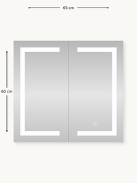 65×60 cm dimension diagram of two-door LED mirror cabinet, front view with edge lighting strips and touch power button vis…