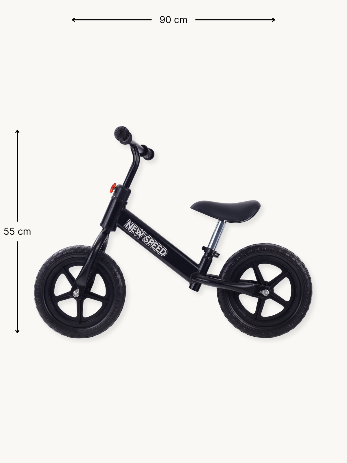 Black New Speed balance bike side view with 90 cm length and 55 cm height dimensions annotated, white logo on steel frame