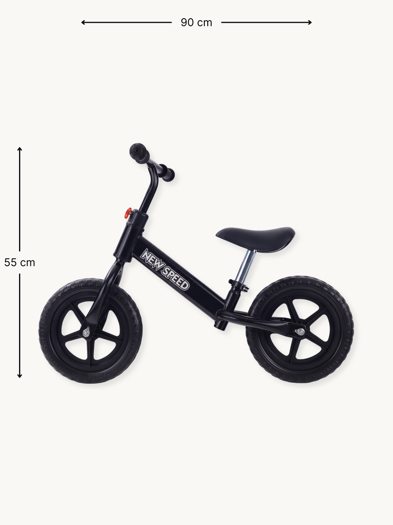 Black New Speed balance bike side view with 90 cm length and 55 cm height dimensions annotated, white logo on steel frame