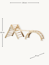 Natural wood Pikler climbing set with dimension annotations: 210 cm wide, 83 cm tall, arch 81 cm deep, white background