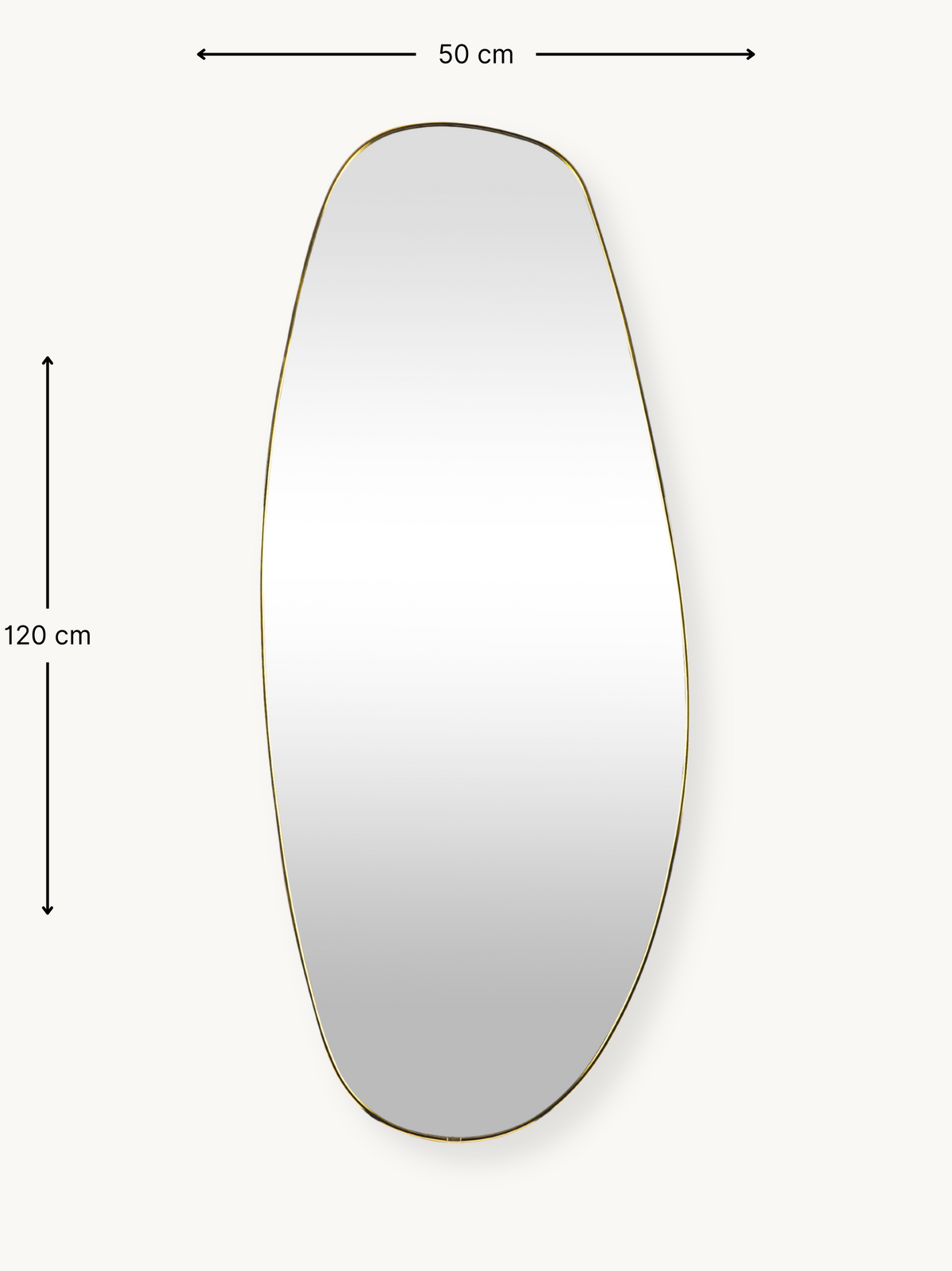 Tall asymmetric oval mirror with thin gold PVC frame shown against off-white background with 120 x 50 cm dimension annotat…