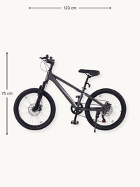 Grey kids' mountain bike side view with dimension annotations: 123 cm length and 75 cm height marked with arrows