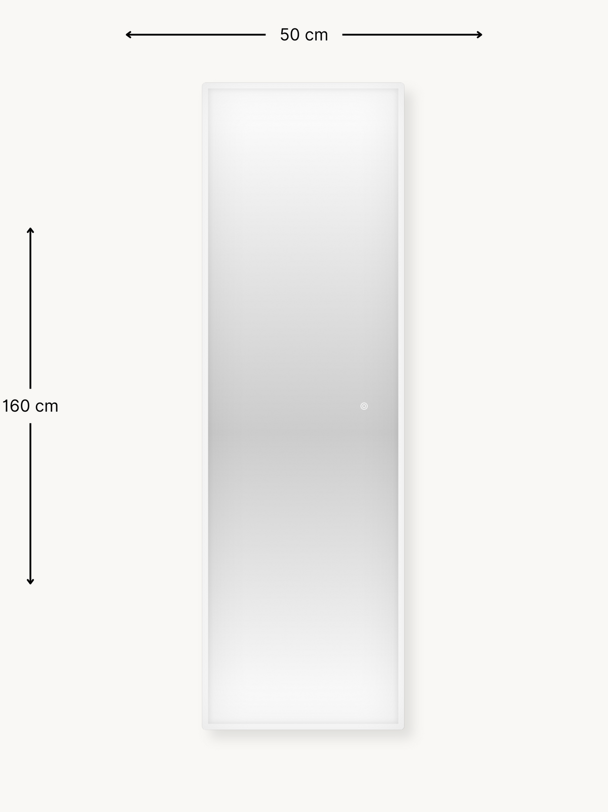 Dimension diagram of 50×160 cm full-length LED mirror with white frame, front view, annotated with measurement arrows
