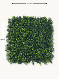 Square artificial green wall panel with dimension arrows showing 60 cm width and height, flat lay on white background
