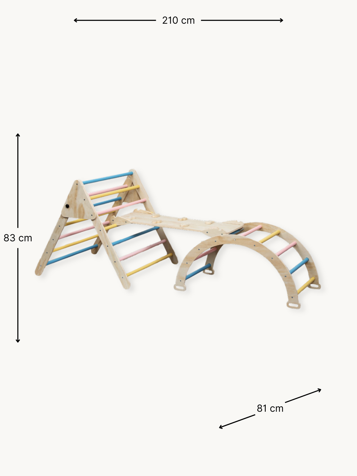 Dimension diagram of wooden Pikler climbing set showing triangle, arch, and slope connected — 210 cm wide, 83 cm tall, 81…