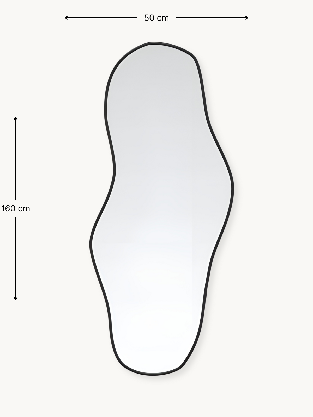 Dimension diagram of asymmetric wall mirror, 50 cm wide by 160 cm tall, black frame on off-white background