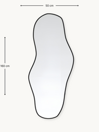 Dimension diagram of asymmetric wall mirror, 50 cm wide by 160 cm tall, black frame on off-white background