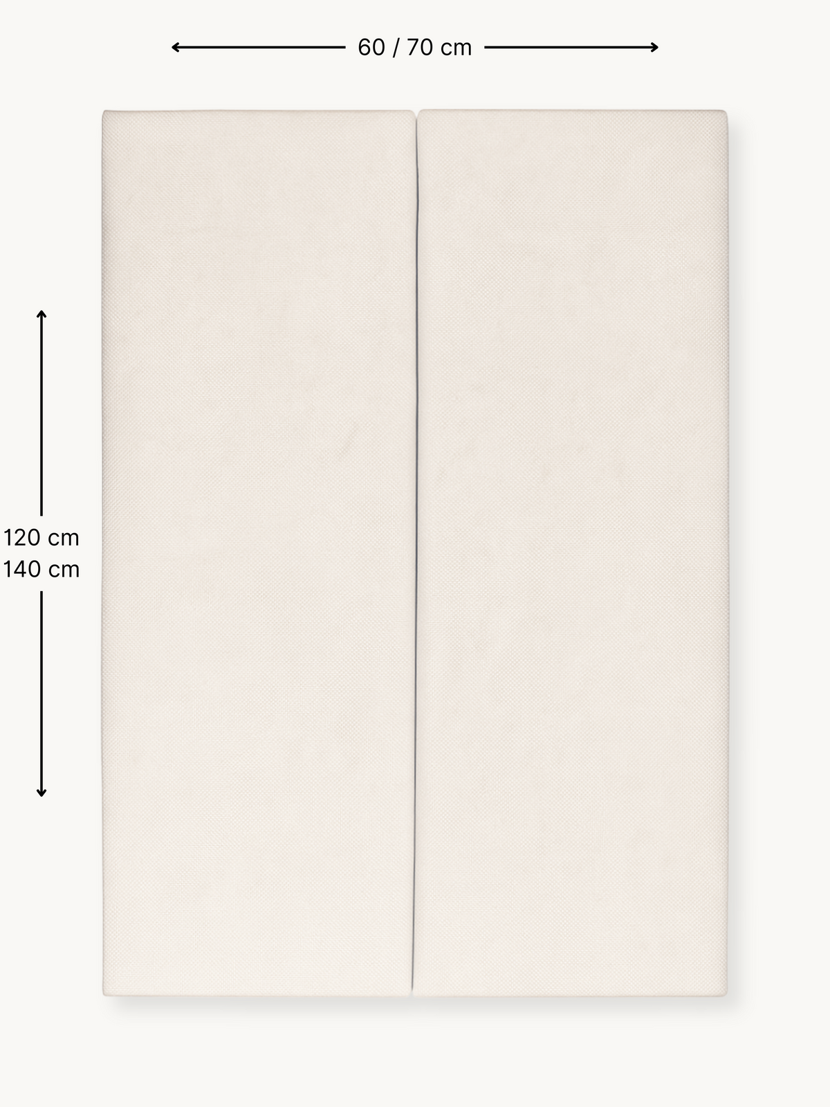 Overhead size guide view of cream white toddler mattress showing 60/70 cm width and 120/140 cm length dimensions