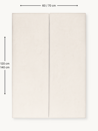 Overhead size guide view of cream white toddler mattress showing 60/70 cm width and 120/140 cm length dimensions