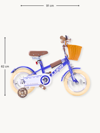 Blue Luca 12-inch children's bike shown with dimension annotations: 91 cm length and 62 cm height marked