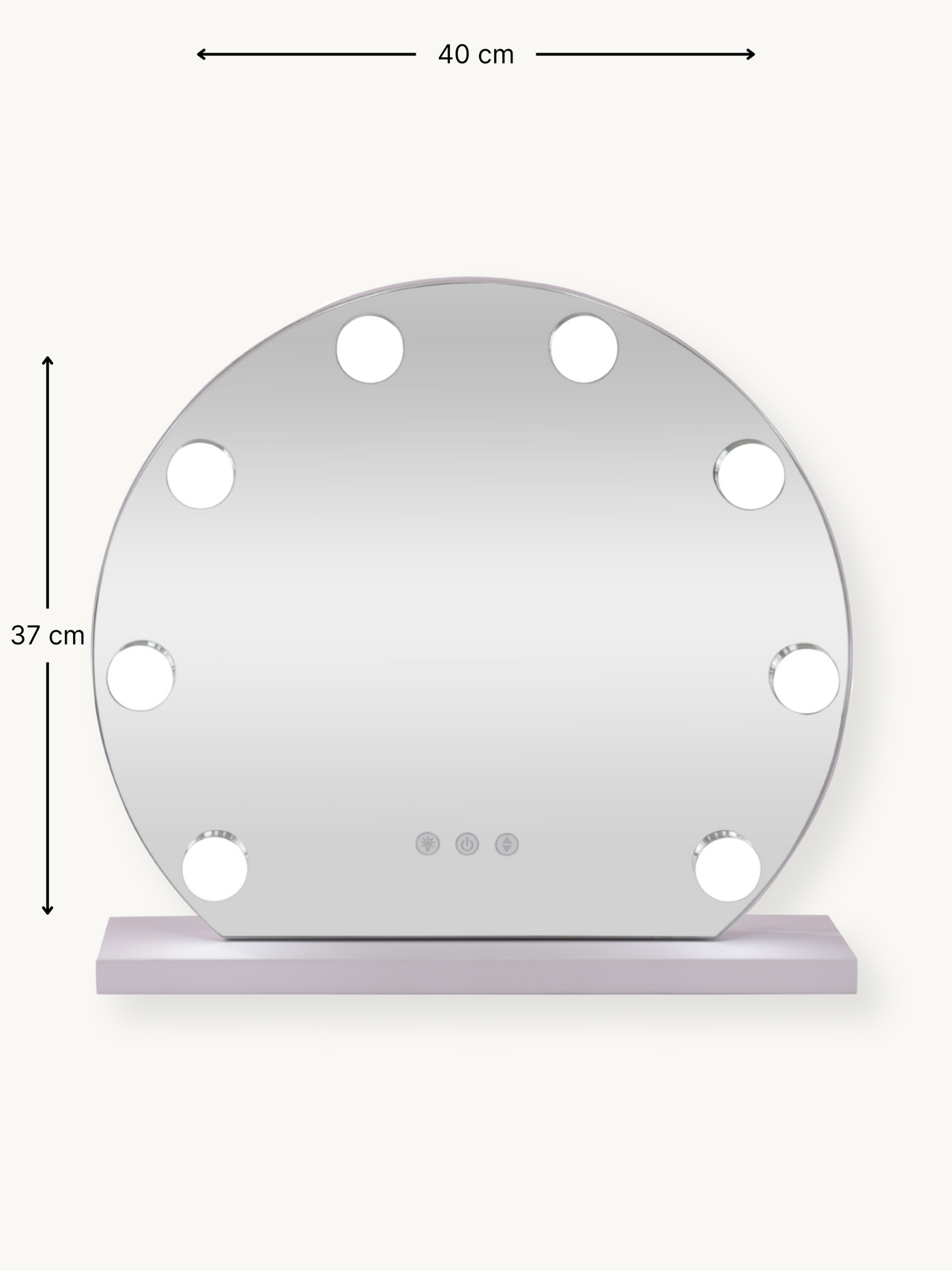 Round white Hollywood vanity mirror with 9 LED bulbs, front view with dimension annotations: 40 cm wide, 37 cm tall