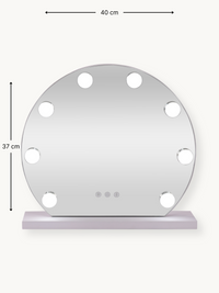 Round white Hollywood vanity mirror with 9 LED bulbs, front view with dimension annotations: 40 cm wide, 37 cm tall
