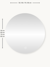 Round frameless glass mirror size guide showing diameter options 50–60–70–80 cm with dimension annotations on cream backgr…