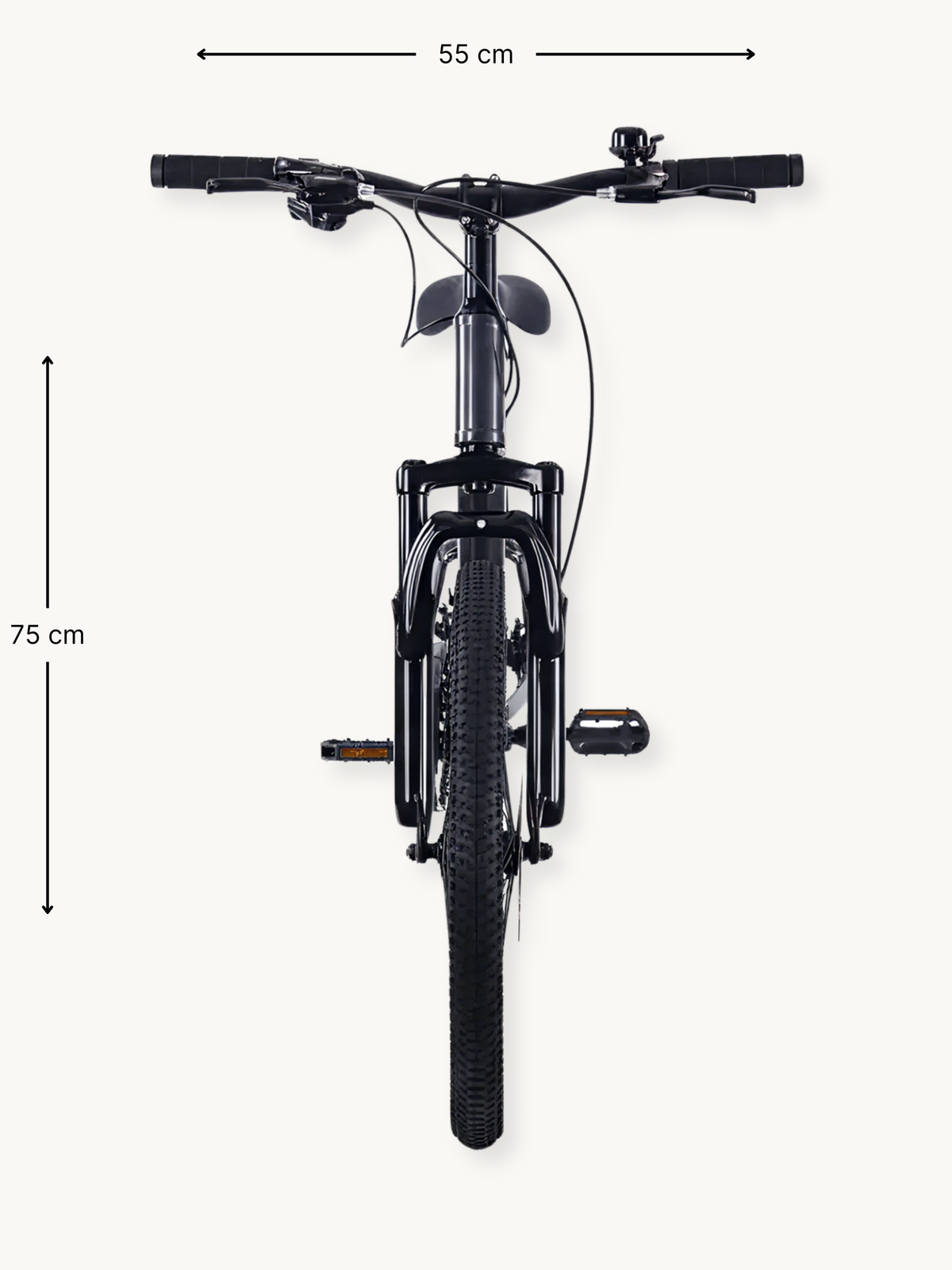 Front-view of black Austin 20-inch kids' mountain bike with dimension annotations: 55 cm width and 75 cm height marked