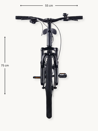 Front-view of black Austin 20-inch kids' mountain bike with dimension annotations: 55 cm width and 75 cm height marked