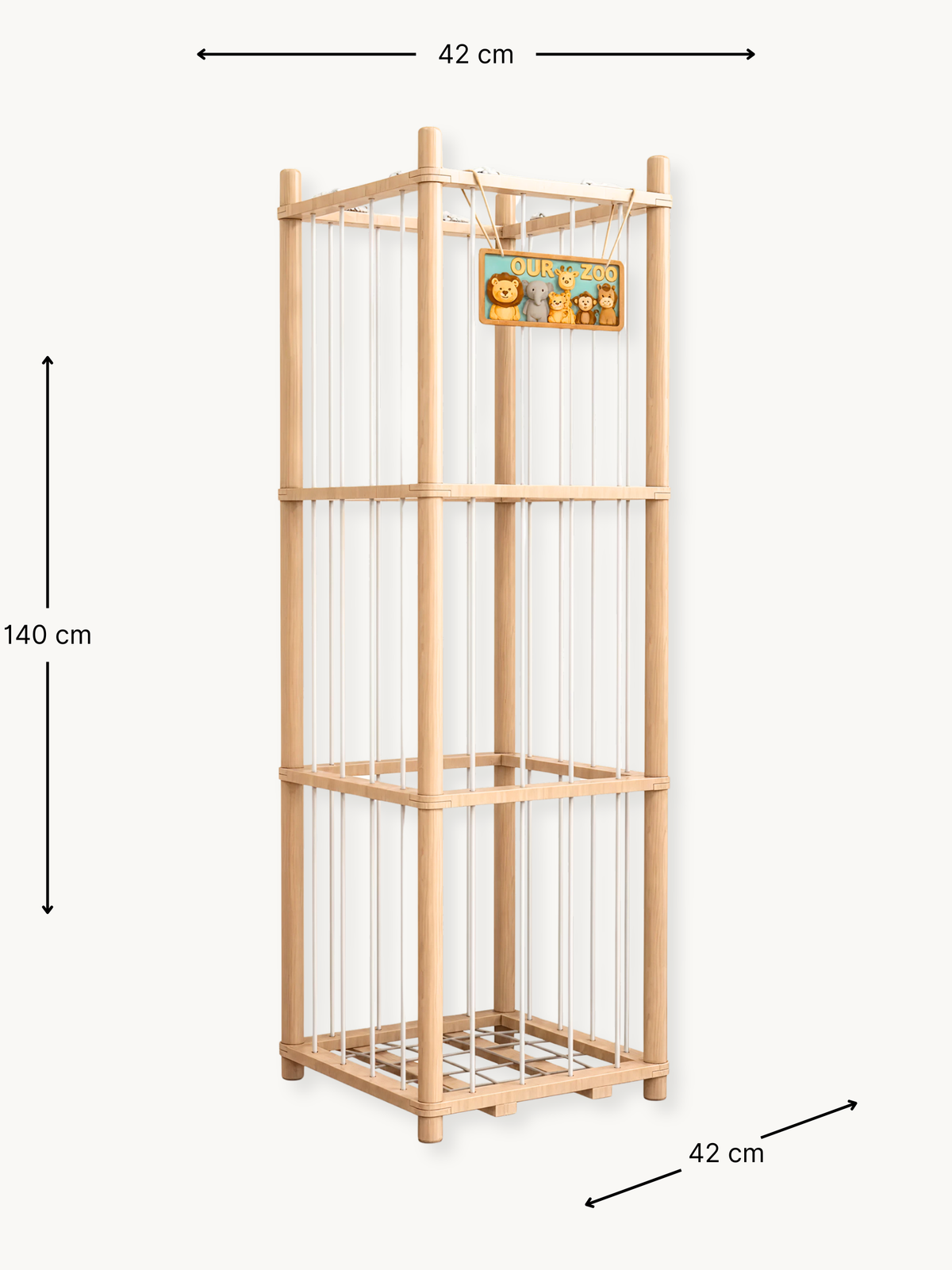 Natural pine cage-style toy storage tower, angled view with dimension annotations: 42 cm wide, 42 cm deep, 140 cm tall