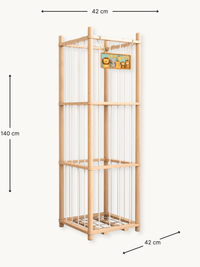 Natural pine cage-style toy storage tower, angled view with dimension annotations: 42 cm wide, 42 cm deep, 140 cm tall