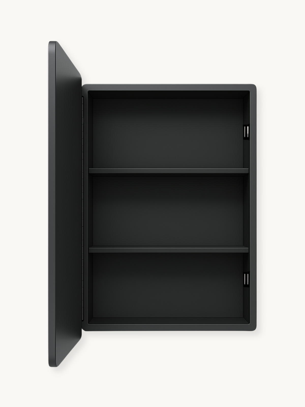 Matte black mirror cabinet door open left, revealing two fixed metal shelves inside dark interior, front view