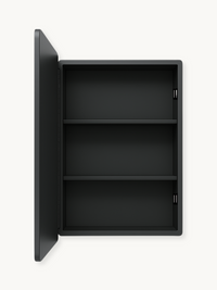 Matte black mirror cabinet door open left, revealing two fixed metal shelves inside dark interior, front view