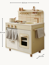Cream wooden toy kitchen shown at three-quarter angle with dimension annotations: 52.5 cm wide, 61.5 cm tall, 32.5 cm deep