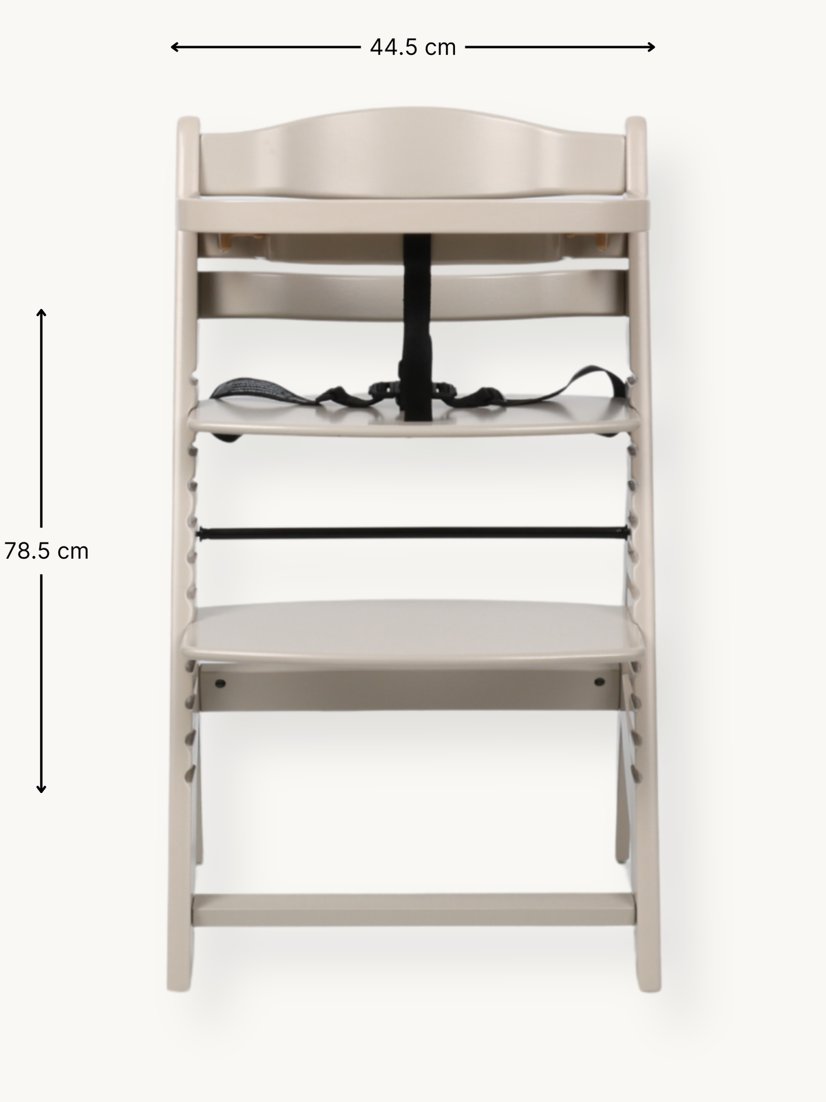 Front view of clay beige wooden highchair with dimension annotations: 44.5 cm wide, 78.5 cm tall, black safety harness on…