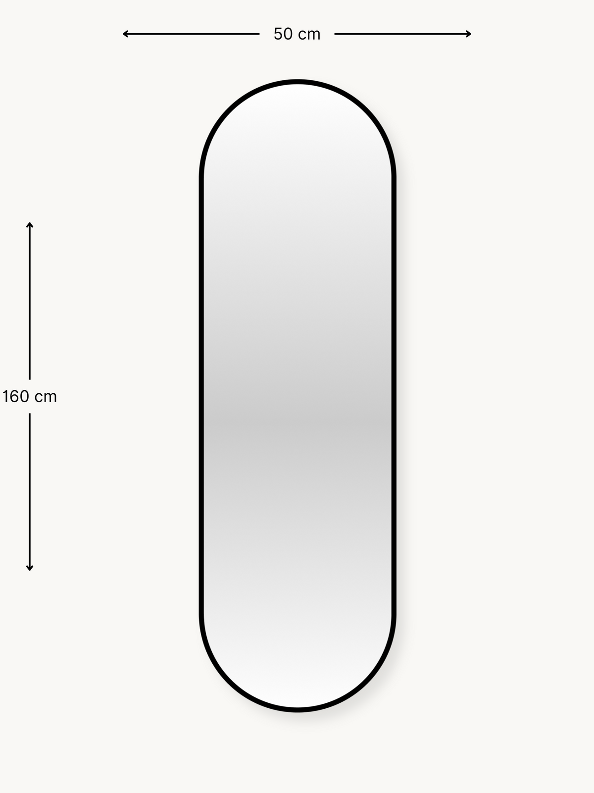 Dimension diagram of oval mirror showing 50 cm width and 160 cm height with measurement arrows on cream background