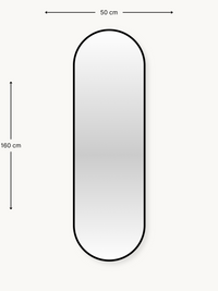 Dimension diagram of oval mirror showing 50 cm width and 160 cm height with measurement arrows on cream background