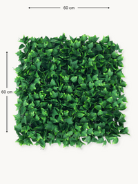 60×60 cm dimension diagram of a square artificial ivy-leaf wall panel, dense green lobed leaves on white background