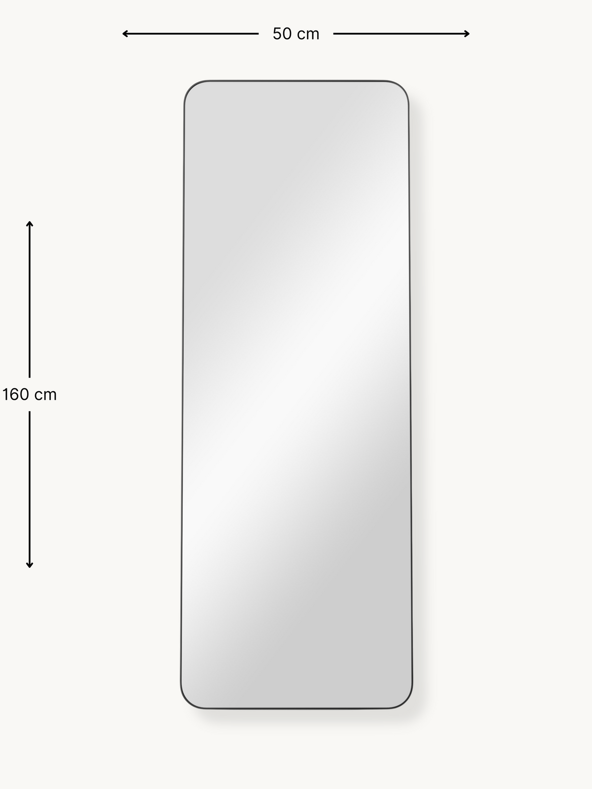 Dimension diagram of full-length mirror showing 50 cm width and 160 cm height with measurement arrows on white background