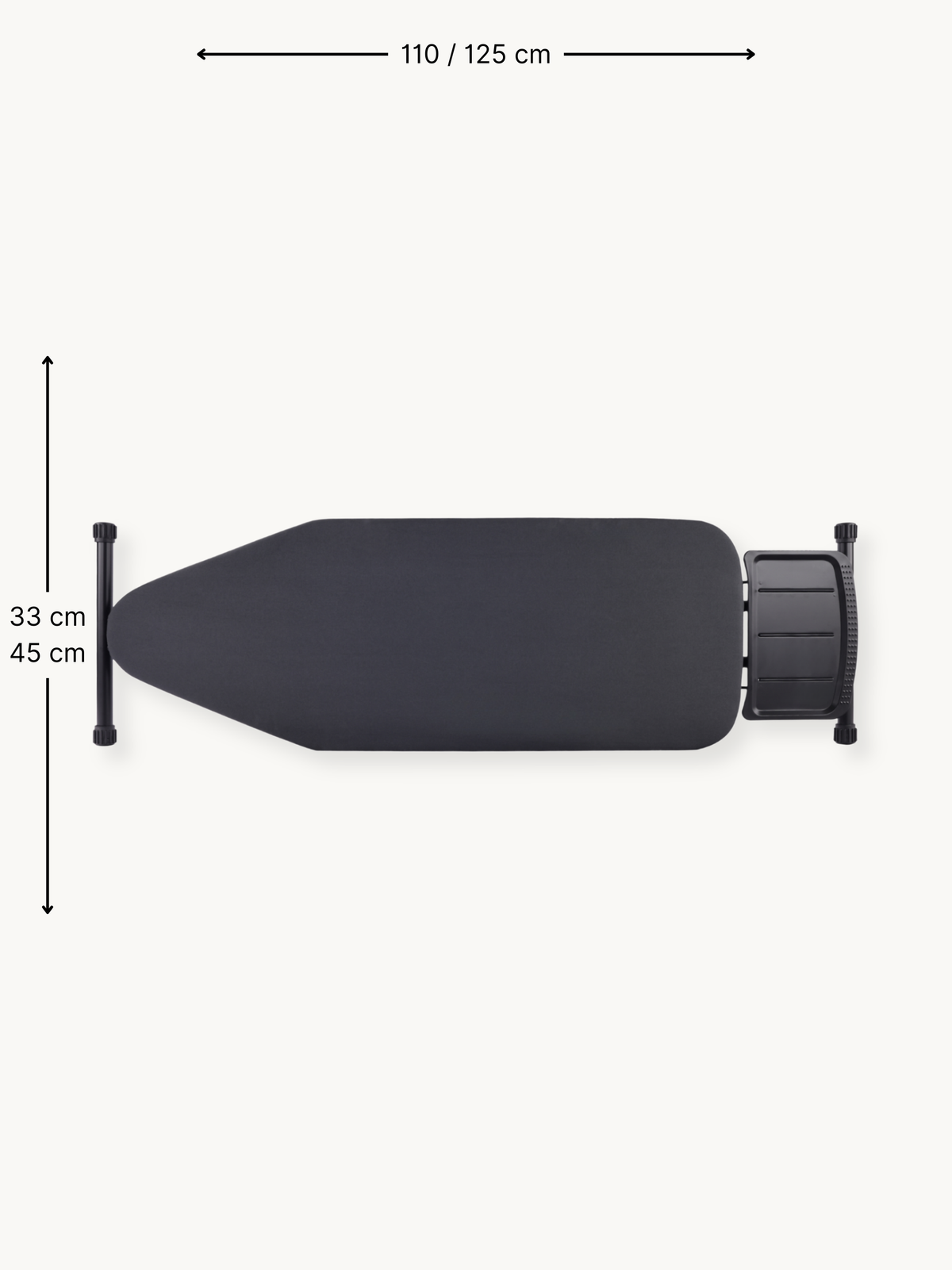 Top-down view of black ironing board with dark cotton cover and steam unit holder, annotated with 110/125 cm length and 33…