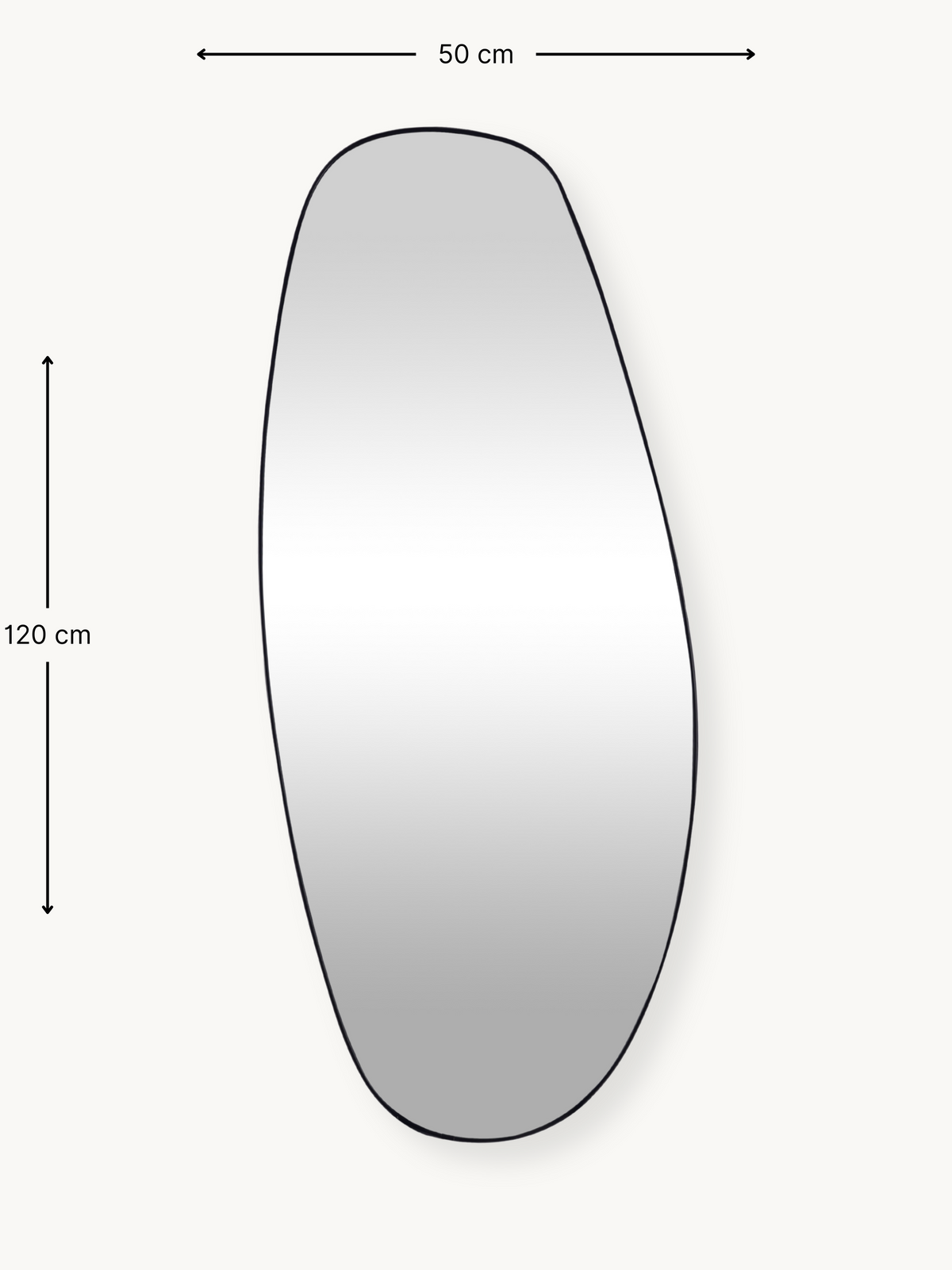 Dimension diagram of Leandro organic mirror showing 120 cm height and 50 cm width annotations on off-white background