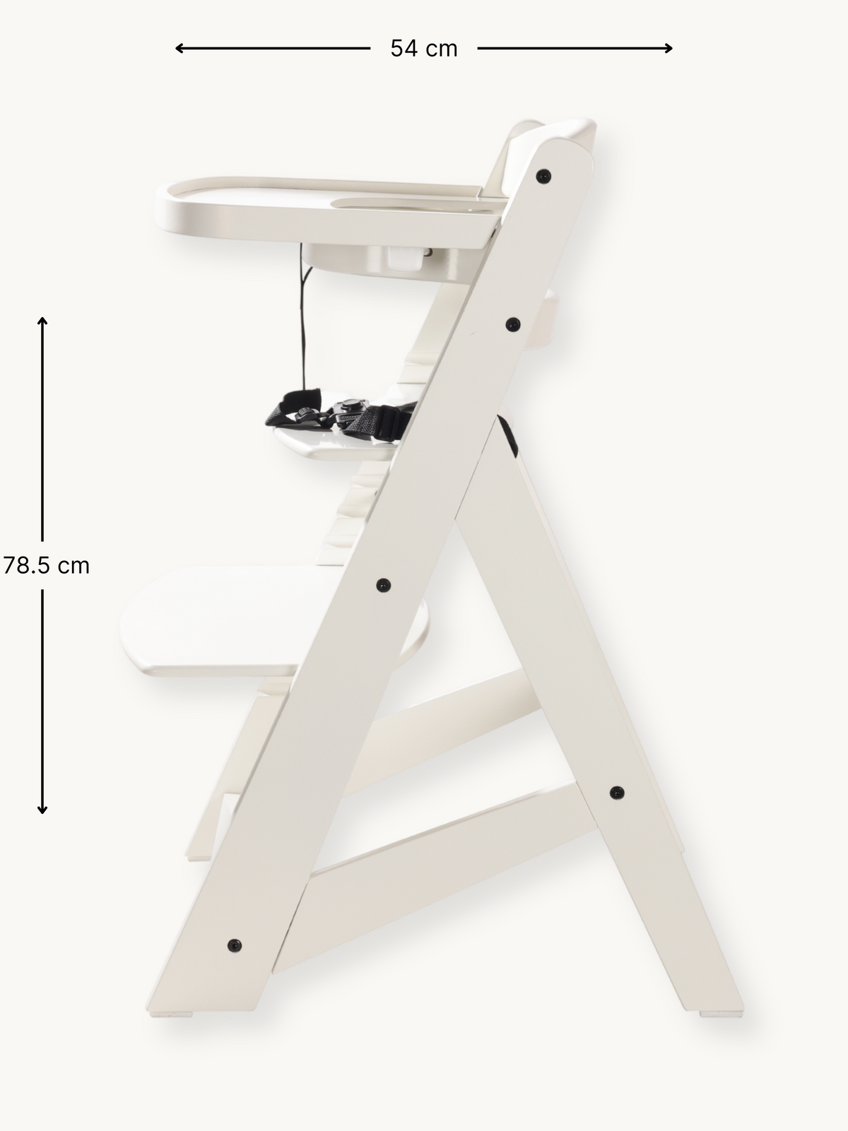 Side profile of white wooden baby high chair with tray and harness, annotated with 54 cm width and 78.5 cm height dimensions