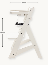 Side profile of white wooden baby high chair with tray and harness, annotated with 54 cm width and 78.5 cm height dimensions
