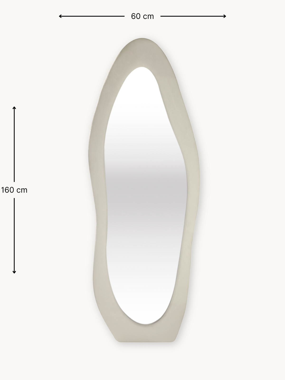 Dimension diagram of asymmetric full-length mirror, white suede velvet frame, annotated 160 cm tall by 60 cm wide