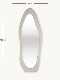 Dimension diagram of asymmetric full-length mirror, white suede velvet frame, annotated 160 cm tall by 60 cm wide