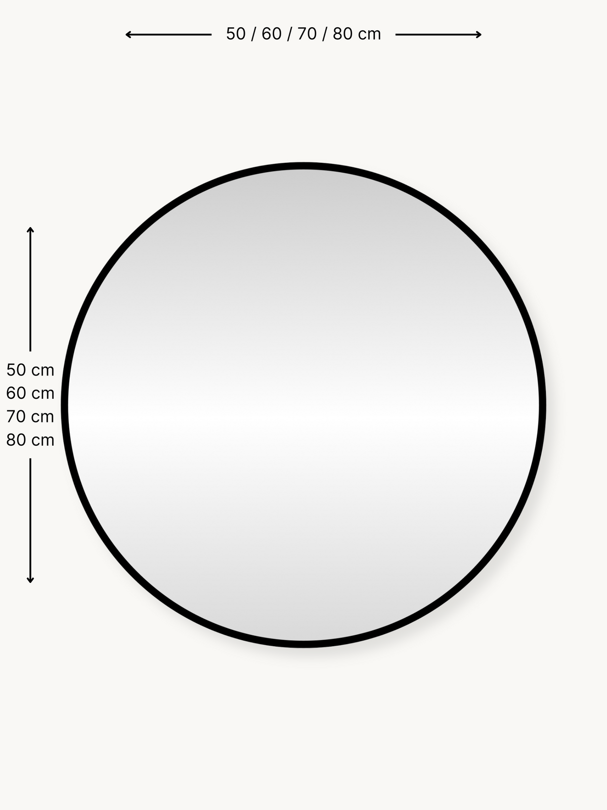 Dimension diagram of round Freya mirror showing diameter options 50, 60, 70 and 80 cm with black frame outline on off-whit…