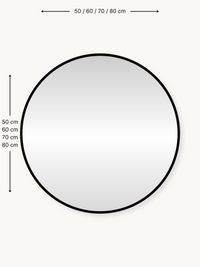 Dimension diagram of round Freya mirror showing diameter options 50, 60, 70 and 80 cm with black frame outline on off-whit…