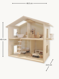 Natural wood two-storey dolls house shown at angle with dimension annotations: 48.5 cm wide, 40.5 cm tall, 23.5 cm deep