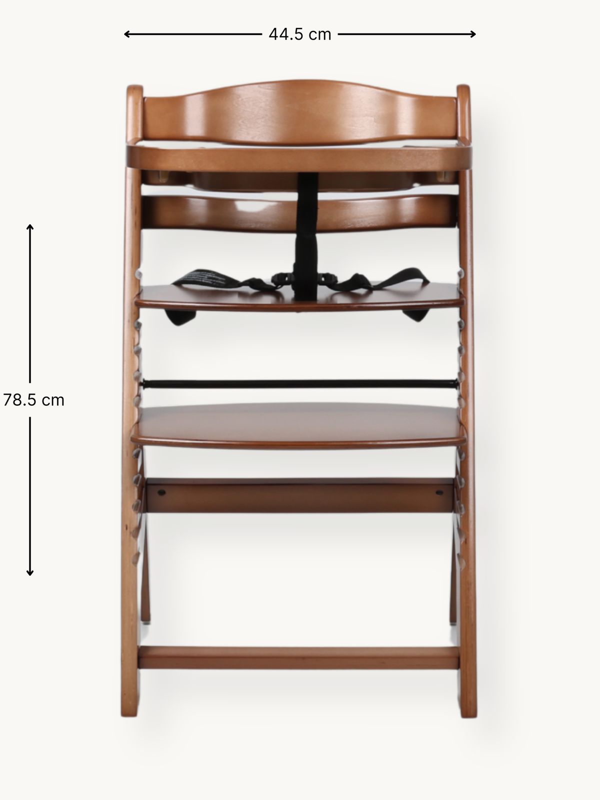 Front view of walnut wood high chair with dimension annotations: 44.5 cm wide, 78.5 cm tall, black safety harness visible…